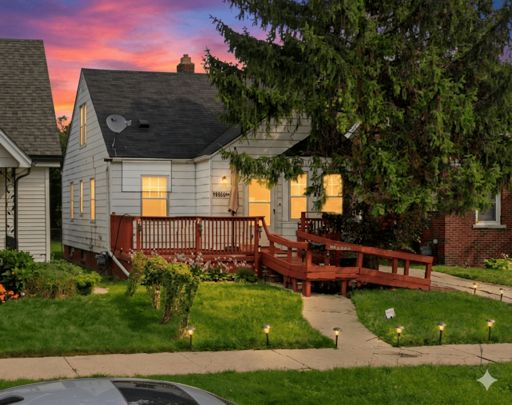 Warm lit windows and front yard at dusk