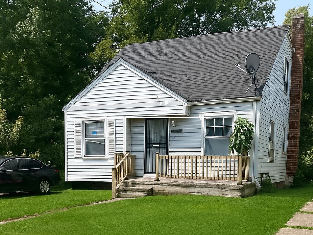 Small white house with a black car.